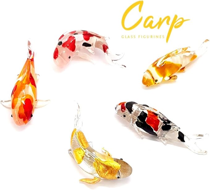 (Bundle of 5) Handmade Carp Fish Koi Fish Family Figures Blown Glass Art, Miniature Aquatic Animals, Collectible Figurines Gift Ideas, Tiny Ornament Cool Stuff Decor No.1