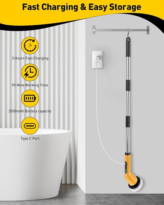 Electric Spin Scrubber for Cleaning Bathroom, Shower Scrubber Cordless Cleaning Brush with IPX7 Waterproof & 2 Speed, 3 Brush Heads, Bathroom Cleaning Supplies for Shower Tub Yellow