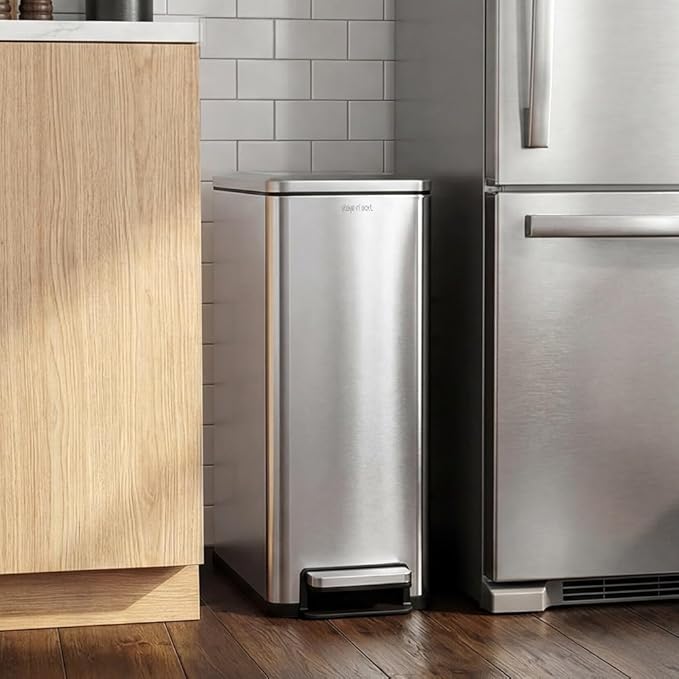 Step N’ Sort Slim Dual Recycling Bin 43L (2 x 21.5L) – Soft Close Kitchen Trash Can – Space Saving Stainless Steel – Removable Buckets