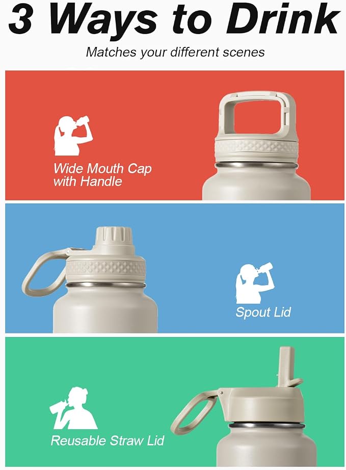 Coolflask Water Bottle Insulated with Straw & 3 Lids, 40 oz Water Jug Large Metal Stainless Steel Wide Mouth for Sports, Gym or Office, Non-BPA Keep Cold 48H Hot 24H, Greige