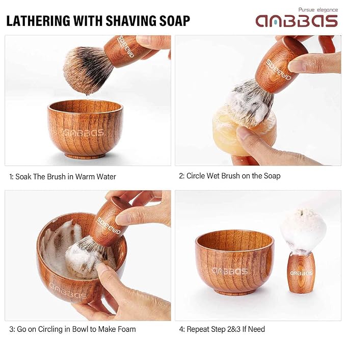 Anbbas Pure Badger Hair Shaving Brush Wood Handle and Large Soap Bowl with Stainless Steel Shaving Stand 3in1 Kit for Men