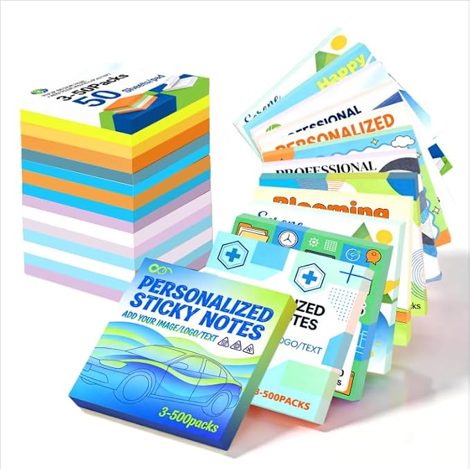 Bulk Personalized Sticky Notes 3"x3" – Custom Notepads with Logo or Text, 50 Sheets per Pad, Custom Post it Notes, 3–100 Pack for Business Marketing, Office (10)