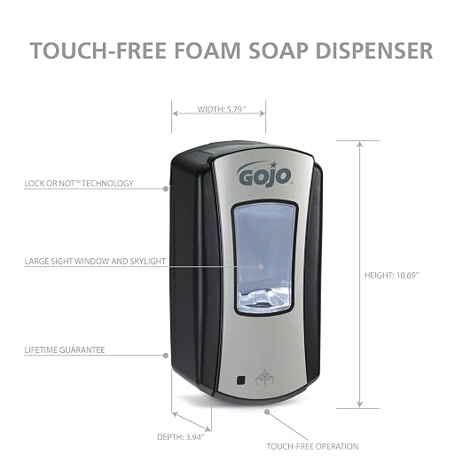 GOJO LTX-12 Touch-Free Foam Hand Soap Dispenser, Chrome/Black, for 1200 mL GOJO LTX-12 Foam Hand Soap Refills (Pack of 1) - 1919-01