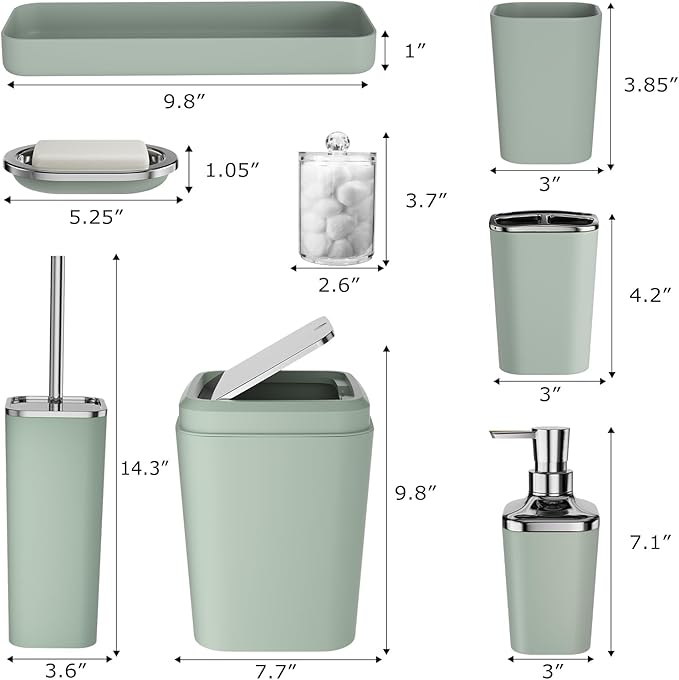 XLHOMO Bathroom Set, Bathroom Accessory Set, Sage Green Bathroom Accessories Set with Press-on Lid Bathroom Trash Can, Soap Dispenser, 9PC Bathroom Accessory Set for Home