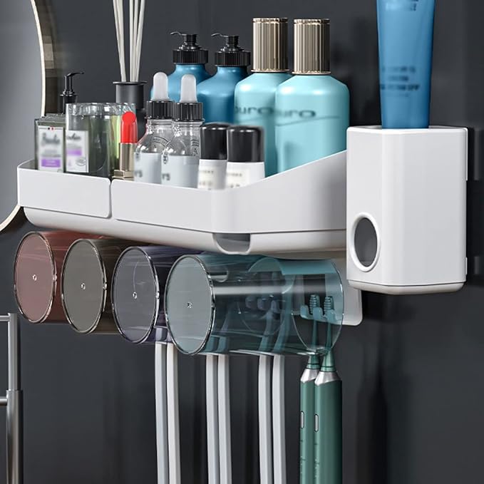 Toothbrush Rack Multifunctional Bathroom Toothbrush Holder Wall Mounted Organizer, Toothbrush Holder with Toothpaste Dispenser and Cups Bathroom Toothbrush Holder(B)