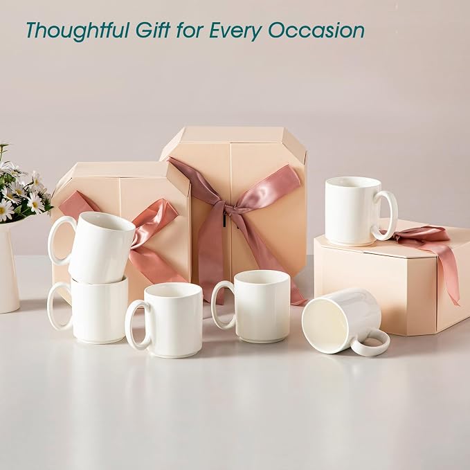 vancasso Porcelain Coffee Mugs Set of 6, 12 Oz Coffee Cups for Latte, Cappuccino, Tea & Hot Cocoa, Modern Minimalist Mug Set for Home & Office, Microwave & Dishwasher Safe, White