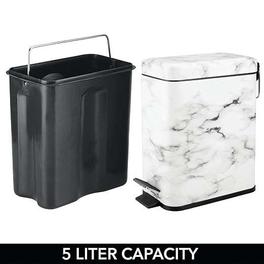 mDesign Metal Freestanding Slim Toilet Bowl Brush and Holder + Rectangle Narrow 5 Liter / 1.3 Gallon Step Pedal Trash Can Wastebasket for Bathroom - Small, Compact Design - Set of 2 - White Marble