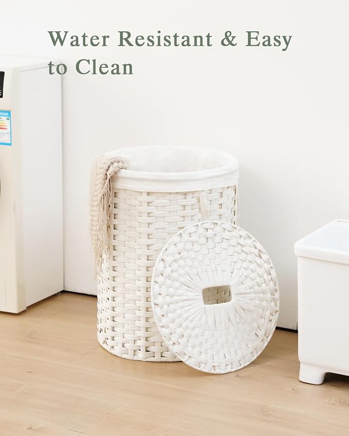 SETVSON Laundry Hamper with Lid Round Laundry Basket 23.8 Gal White | The lid hides dirty clothes, keeping spaces neat and fresh. 90 L Large Capacity, Stylish Design with Handles Easy Transport