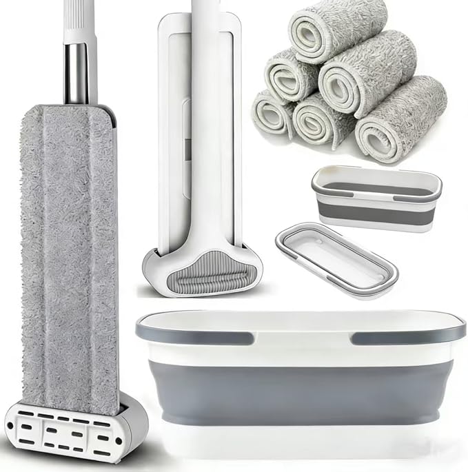 Flat Mop & Bucket Set with 6 Reusable Pads | Foldable Hands-Free, Microfiber, Wet/Dry Use, For Tile, Laminate, Wood Floors, Walls, Windows