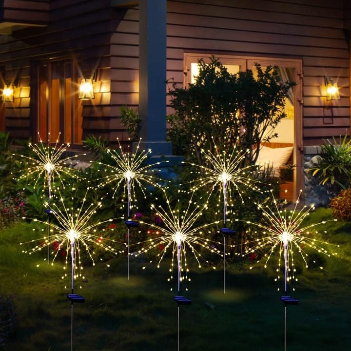 Christmas Solar Garden Firework Lights Outdoor Waterproof 6 Pack Solar Powered Art Stake Twinkle Lighting for Outside Decor, 120 LED Warm White