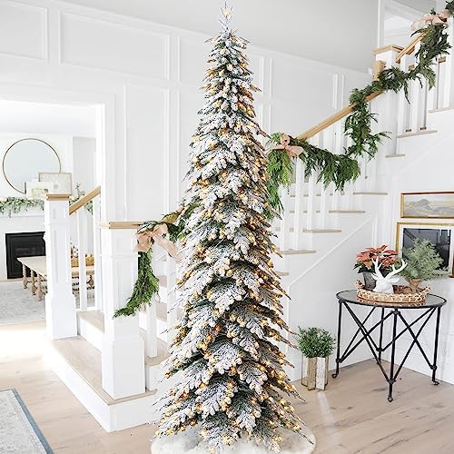 Glitzhome 11ft Prelit Christmas Tree, Artificial Christmas Tree with 700 Warm White Lights, Flocked Pencil Tree Chicago Frostwood Spruce Xmas Tree w/2890 PE&PVC Branch Tips and Sturdy Metal Stand