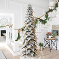 Glitzhome 11ft Prelit Christmas Tree, Artificial Christmas Tree with 700 Warm White Lights, Flocked Pencil Tree Chicago Frostwood Spruce Xmas Tree w/2890 PE&PVC Branch Tips and Sturdy Metal Stand