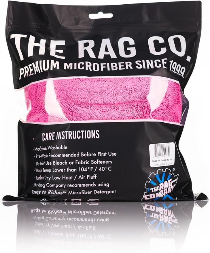 The Rag Company, The Liquid8r M22, Absorbent 70/30 Blend Microfiber Drying Towel for Cars, Trucks, and SUVs, Safe for Detailing, Scratch-Free, Twist Loop, 2200 GSM, 20x20 Inches, Pink