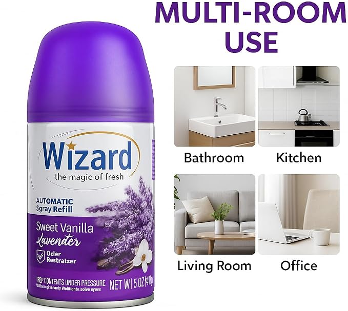 Wizard Automatic Spray Refill Fresh & Clean Variety Pack, 12-Count (Freshly Folded Linen, Freshly Picked Lavender, Sweet Vanilla Lavender, Tropical Citrus), Compatible with Air Wick & Glade Sprayers