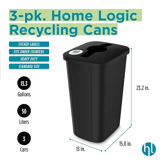 Home Logic Recycling Bin System, 3 Pack Waste Sorting Containers with Stickers, Plastic Trash Cans for Kitchen Garage Home Recycling Organization, 13 Gallon, Black