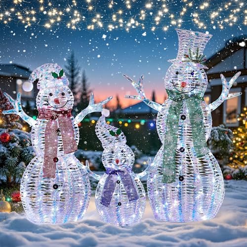 Large Christmas Snowman Family Decorations with Iridescent Rattan