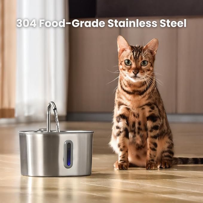 KittySpout Stainless Steel Cat Water Fountain Automatic Drinking Fountain, Quiet Circulating Water Bowl, Dishwasher Safe, Indoor Pet Fountain for Hydrated Healthy Cats (Stainless Steel, 2.2L Corded)