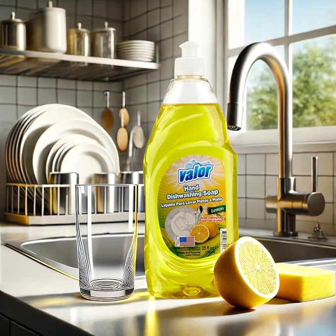 Valor Dishwashing Liquid, 25 fl oz – Dish Soap for Kitchen & Bathroom, Grease-Fighting, Gentle on Hands, Fast Rinse, Eco-Friendly Biodegradable Formula (25 fl oz (Pack of 12), Lemon)