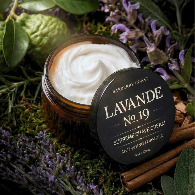 Lavande No.19 Supreme Shaving Cream, Age-Defense & Anti-Aging Formula - Scent: French lavender, bergamot, violet leaf, cedarwood, moss, and clean musk. Made with All Natural Ingredients