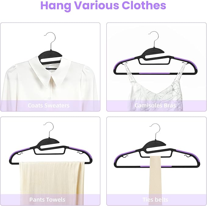 BAGAIL Plastic Hangers 50 Pack with Non-Slip Design,0.2 Inches Thick, 360°Swivel Hook Space Saving Organizer for Bedroom Closet,Shirts,Pants(Purple- S Shaped)
