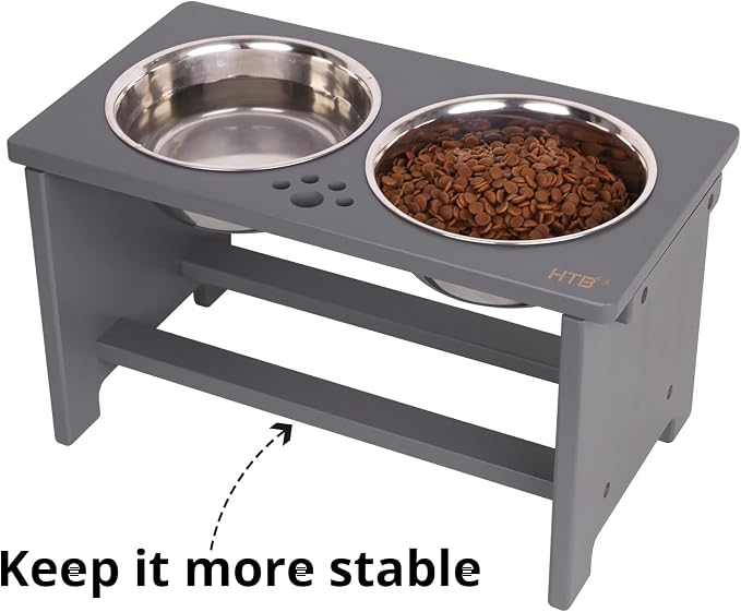 HTB Elevated Dog Bowl Stand with 2 Stainless Steel Bowls-10 H Large Grey | Raised Dog Bowl Stand, 10"tall, 48 Oz Bowls, for Large Sized Dogs, Pet-safe, Solid Bamboo