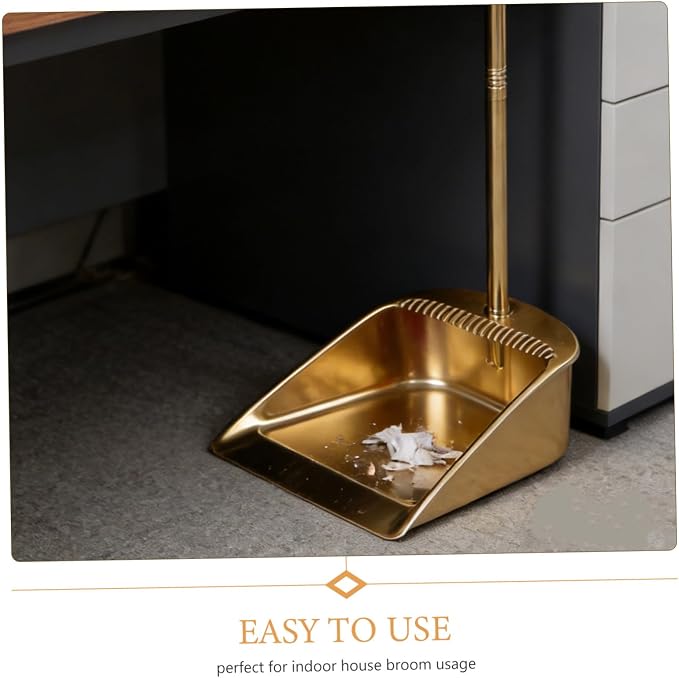 Dustpan and Broom Set with Long Handle, Stainless Steel Metal Broom and Dustpan Combo with Teeth Edge for Home Kitchen Office Floor Cleaning, Gold Color Upright Sweeping Kit