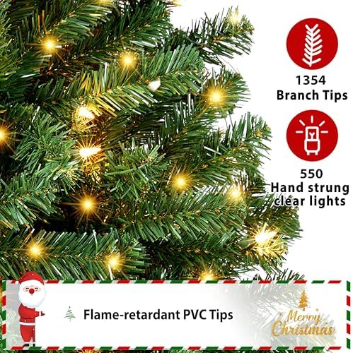 Yaheetech 7.5ft Pre-lit Christmas Tree with 550 Warm White Lights, Green