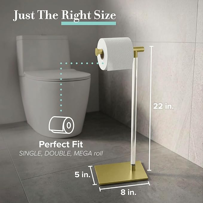 Gatco 1331B Toilet Paper Holder Stand, Brushed Brass with Acrylic Post, Rectangle Weighted Base, Freestanding Bathroom Floor Stand, 22.25 Inch