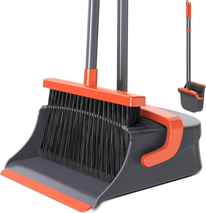 Broom with Dustpan Combo Set, Long Handle Upright Standing Self-Cleaning Broom and Dustpan Set for Pet Hair & Dust Cleanup, Indoor Outdoor Use for Home, Kitchen, Office, Orange & Gray