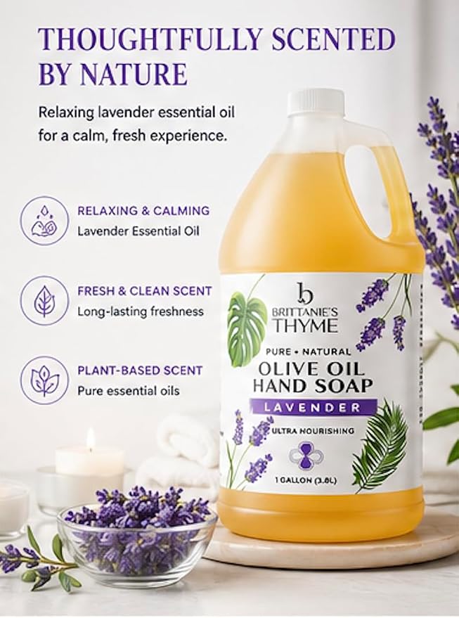 Brittanie's Pure Organic Castile Liquid Olive Oil Soap Refill, Lavender 1 Gallon | Face, Body Wash, Laundry, Dishes, Pets | Vegan & Gluten Free Non-GMO
