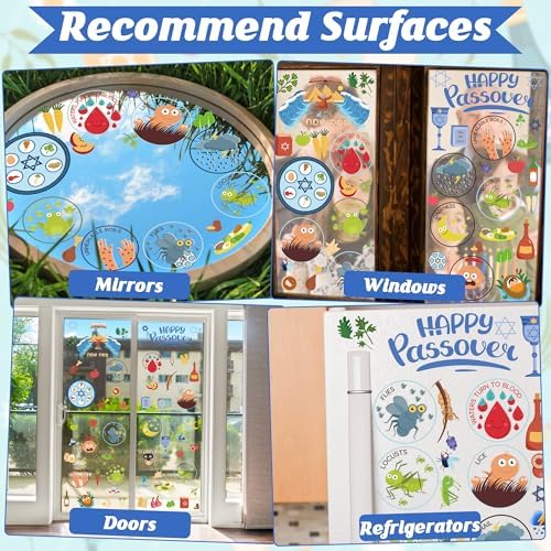 63 PCS Passover Decorations, 9 Sheets Colorful Passover Window Clings with Seder Plates Stars of David Eggs Red Wine Patterns, Double-Sided Jewish Decor for Pesach Party Supplies Home School