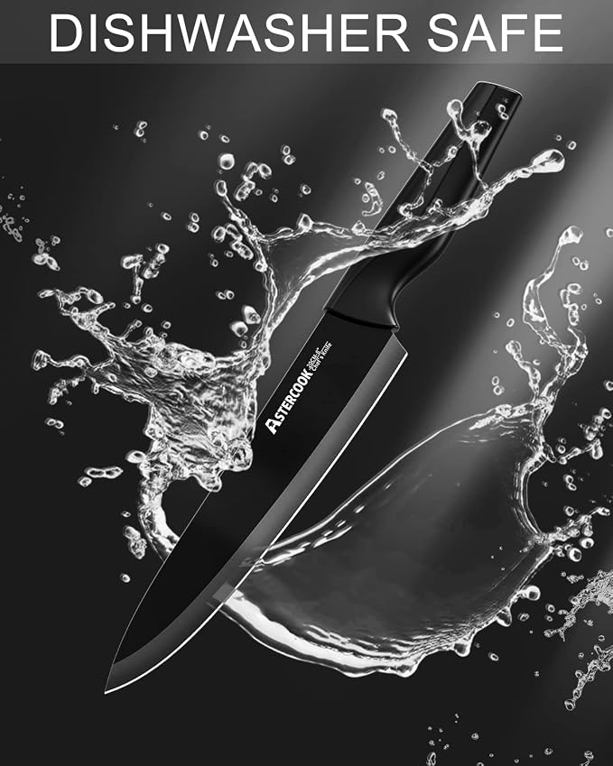 Astercook 15 Pieces Kitchen Knife Block Set with Sharpener, Black | Built-in Sharpener Block, Dishwasher Safe, German Stainless Steel, Ergonomic Handle, Kitchen Weddings Birthdays Gift