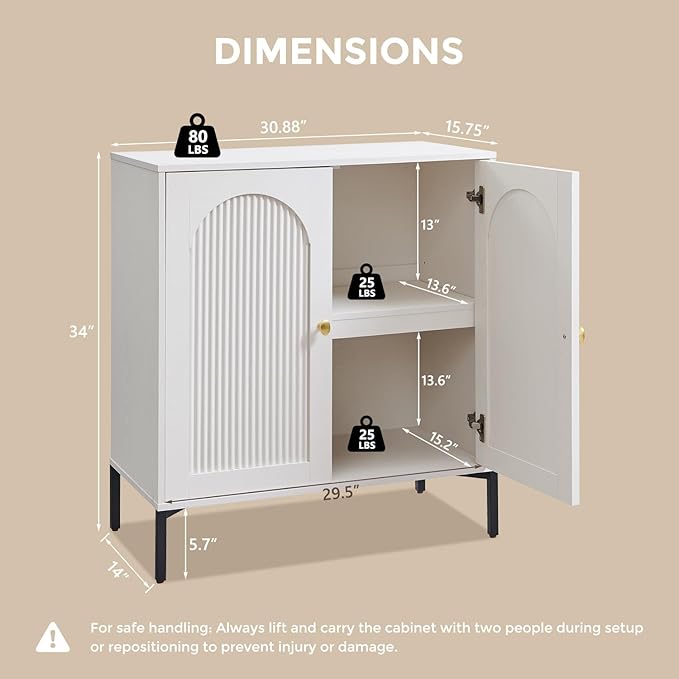 IFGET 34" Tall Modern Arched Sideboard Buffet Cabinet with Storage, White | Fluted Arch Sideboard Cabinet w/Adjustable Shelves, Wooden Modular Kitchen Cabinet for Dining& Living Room, Entryway
