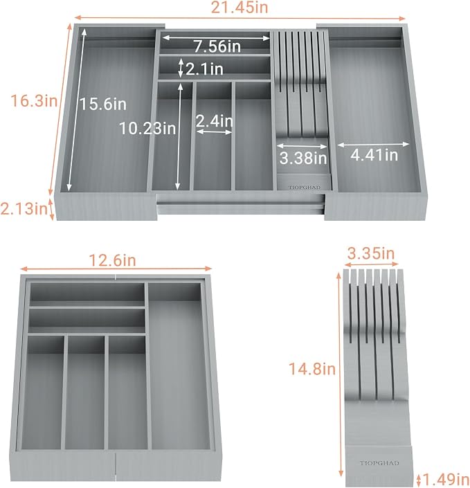 TIOPGHAD Bamboo-Silverware-Drawer-Organizer-Kitchen, Expandable Utensil Holder Cutlery Tray Flatware Organization Adjustable Wood Tableware Dividers Storage (with Removable Knife Block)(Grey)