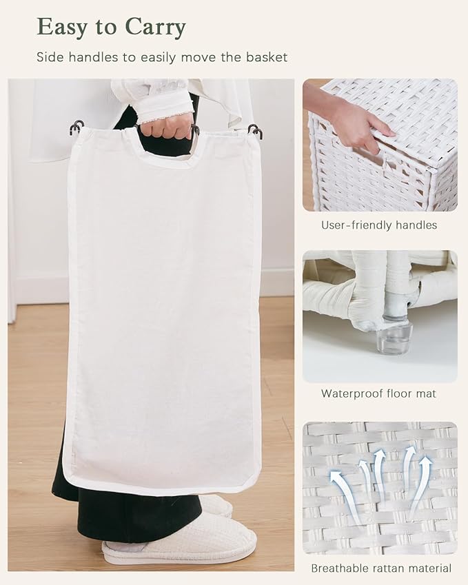 SETVSON Laundry Hamper with Lid Wicker Laundry Basket, White | Decorative Furniture Look for Bathroom & Bedroom, 3-Section Large Wicker Hamper, 3 Cloth Bags, 6 Mesh Bags Included