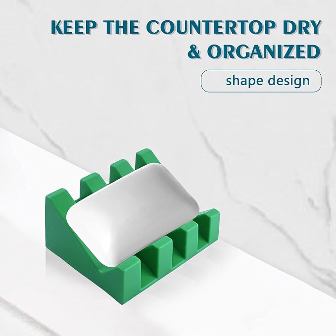 Self Draining Soap Dish Holder,Silicone Soap Dish,for Bathroom,Kitchen, Sponges，Can Extend Soap Life，Keep Soap Bars Dry and Easy Cleaning (Deep Green,2-Pack)