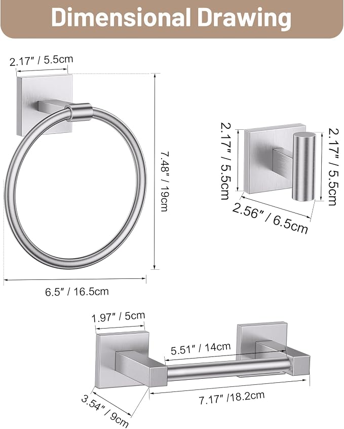 Towel Ring Set 4 Piece Bathroom Hardware Set Includes Towel Ring 2 Towel Hooks and Toilet Paper Holder Stainless Steel Wall Mounted (Brushed Nickel)