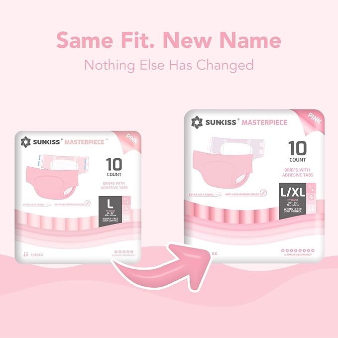 SUNKISS Masterpiece Adult Diapers with Tabs, Unisex Disposable Incontinence Briefs for Women and Men, Odor Control, Pink, Large/XLarge, Previously Large,10 Count (Pack of 2)