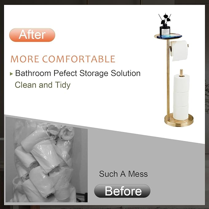 Toilet Paper Holder Stand Gold: Free Standing Tissue Roll Holder with Phone Shelf - Toilet Roll Dispenser Storages for 4 Rolls, Durable Stainless Steel for Bathroom