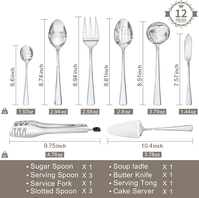 12 Piece 18/10 Serving Utensils Set, Stainless Steel Serving Set | Serving Utensils, Slotted Spoon, Fork, Tong, Soup Ladle, Cake Server, Butter Knife and Sugar Spoon for Buffet,Parties,Kitchen