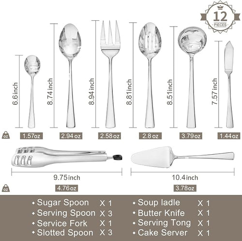 12 Piece 18/10 Serving Utensils Set, Stainless Steel Serving Set | Serving Utensils, Slotted Spoon, Fork, Tong, Soup Ladle, Cake Server, Butter Knife and Sugar Spoon for Buffet,Parties,Kitchen