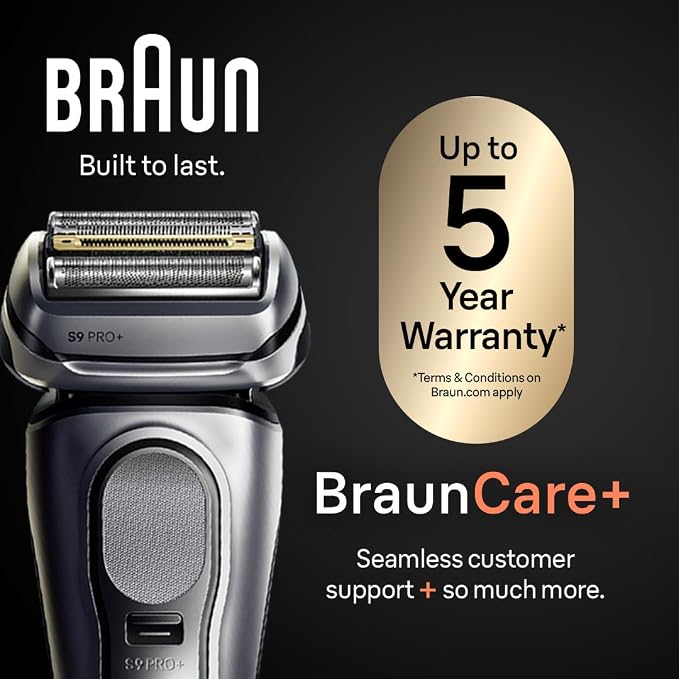 Braun Series 9 PRO+ Electric Shaver for Men, Wet & Dry Foil Razor, 6-in-1 SmartCare Clean & Charge Center, Built-in Precision ProTrimmer, ProComfort Attachment, Travel Case, Silver 9697cc