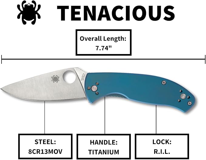 Spyderco Tenacious Folding Pocket Knife, PlainEdge | 7.74" Overall Length, 3.3" 8Cr13MoV Steel Blade, Titanium Handle, R.I.L Lock, Full-Flat Grind