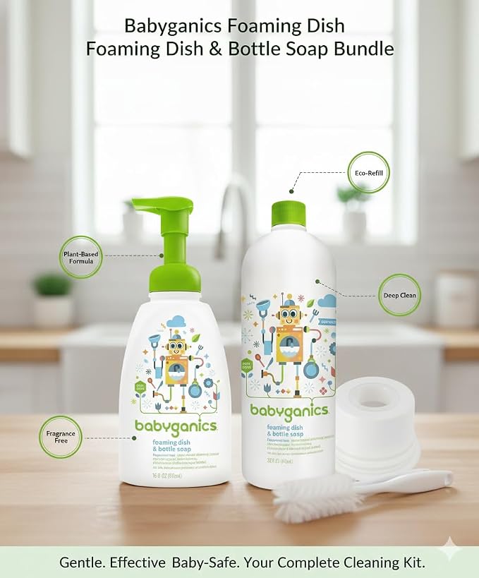 Baby ganics 16 Ounce Dish Dazzler Foaming Dish and Bottle Soap with Refill Kit BUNDLED with Two (2) Bottle Brushes BONUS