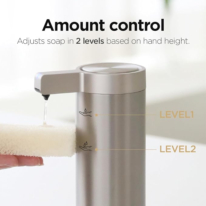mooas Automatic Liquid Soap Dispenser Stainless Steel, Rechargeable | 2-Level Adjustable, IPX5 Waterproof, USB-C Charging, 17oz Capacity, Liquid Soap, Automatic Cleaning, Kitchen, Bathroom