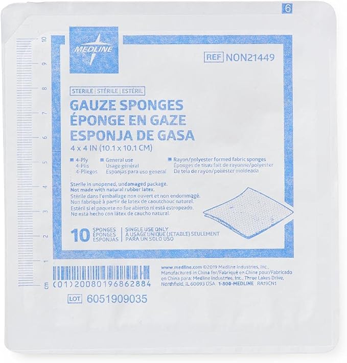Medline Avant Non-Woven Gauze Sponge, Sterile, 4-Ply, 4" Length, 4" Width, Pack of 1280