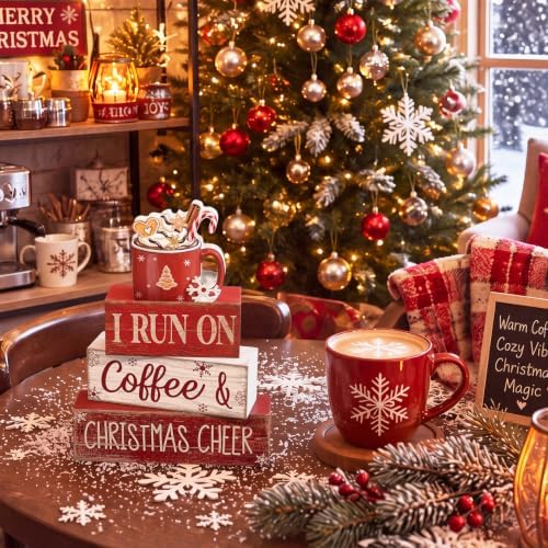 Lineshading 4 Pcs Christmas Coffee Table Decor Hot Chocolate Cocoa Wooden Stacked Sign Rustic Christmas Tiered Tray Decor Cocoa Centerpiece Block Signs Gift Xmas Decoration for Home Coffee Bar Kitchen