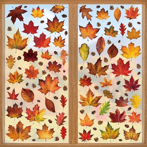 336 PCS Fall Window Clings, 9 Sheets Autumn Decorations, Maple Leaves Pattern Double Sided Stickers Decal, Autumn Window Clings for Fall Decorations Accessories Home Indoor Outdoor Accessories Decor