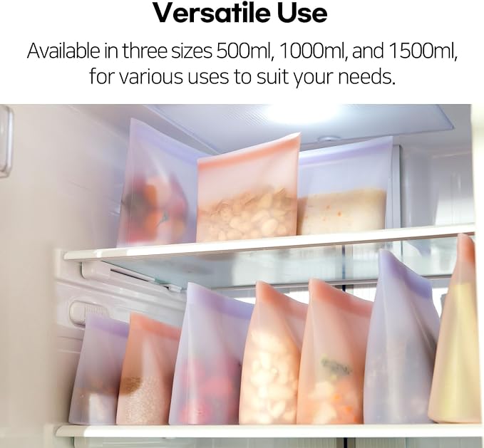 Reusable Silicone Food Storage Bags (Set of 3) – Leakproof Zip Seal, BPA-Free, Freezer & Microwave Safe – for Meal Prep, Snacks, Fruits, and More (Pink Set)