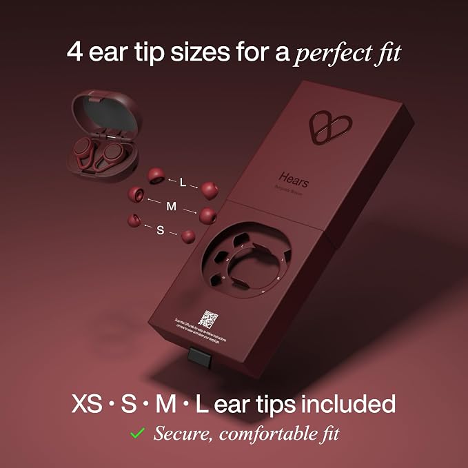 Hears Plus Ear Plugs for Noise Reduction - Patented Reusable Concert Earplugs, 25dB SNR Sound Reduction, Hypoallergenic for Musicians, Motorcycle and Sleeping with 4 tip Sizes - Burgundy Breeze